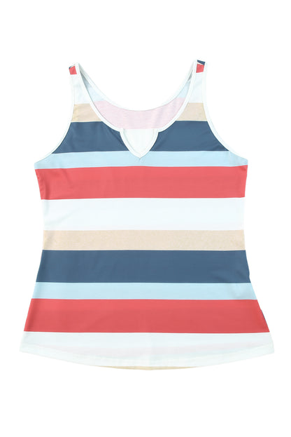 Green Striped Color Block Notched Neck Tank Top