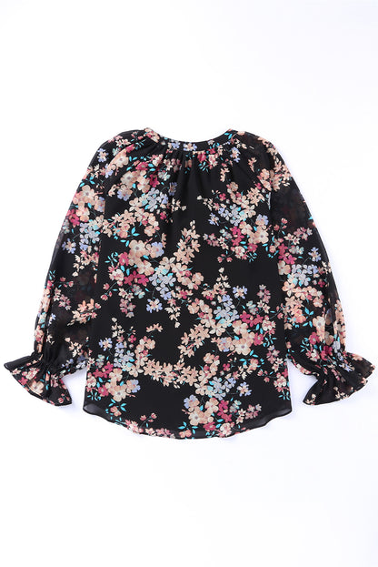 Black Floral Boho Chiffon Ruffle Blouse