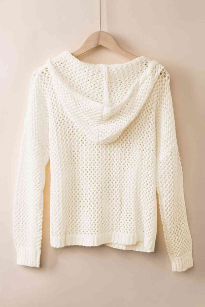 Openwork Lace-Up Hooded Sweater