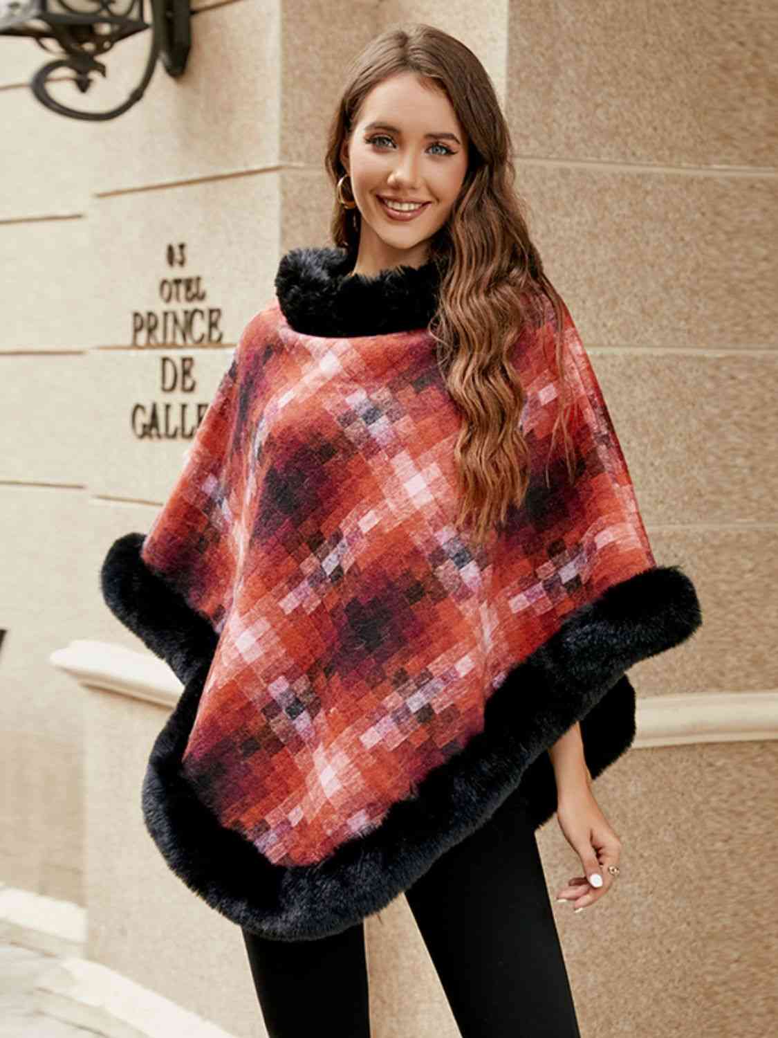 Faux Fur Trim Soft Poncho