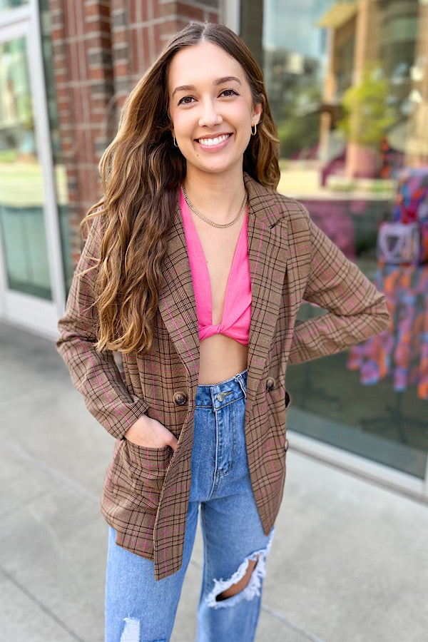 Preptastic Brown Pink Plaid Blazer