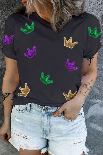 Plus Size Sequin Crown Print Round Neck T Shirt