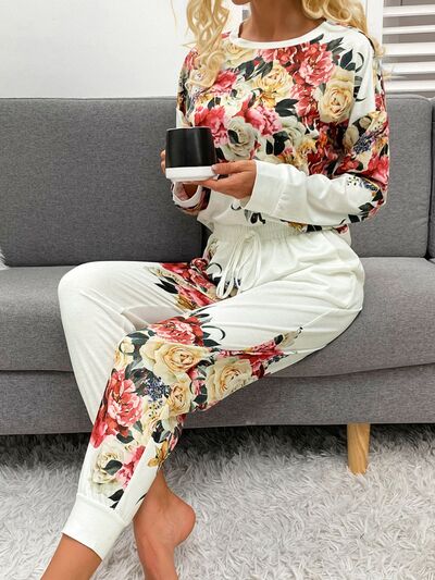 Printed Top and Drawstring Pants Lounge Set