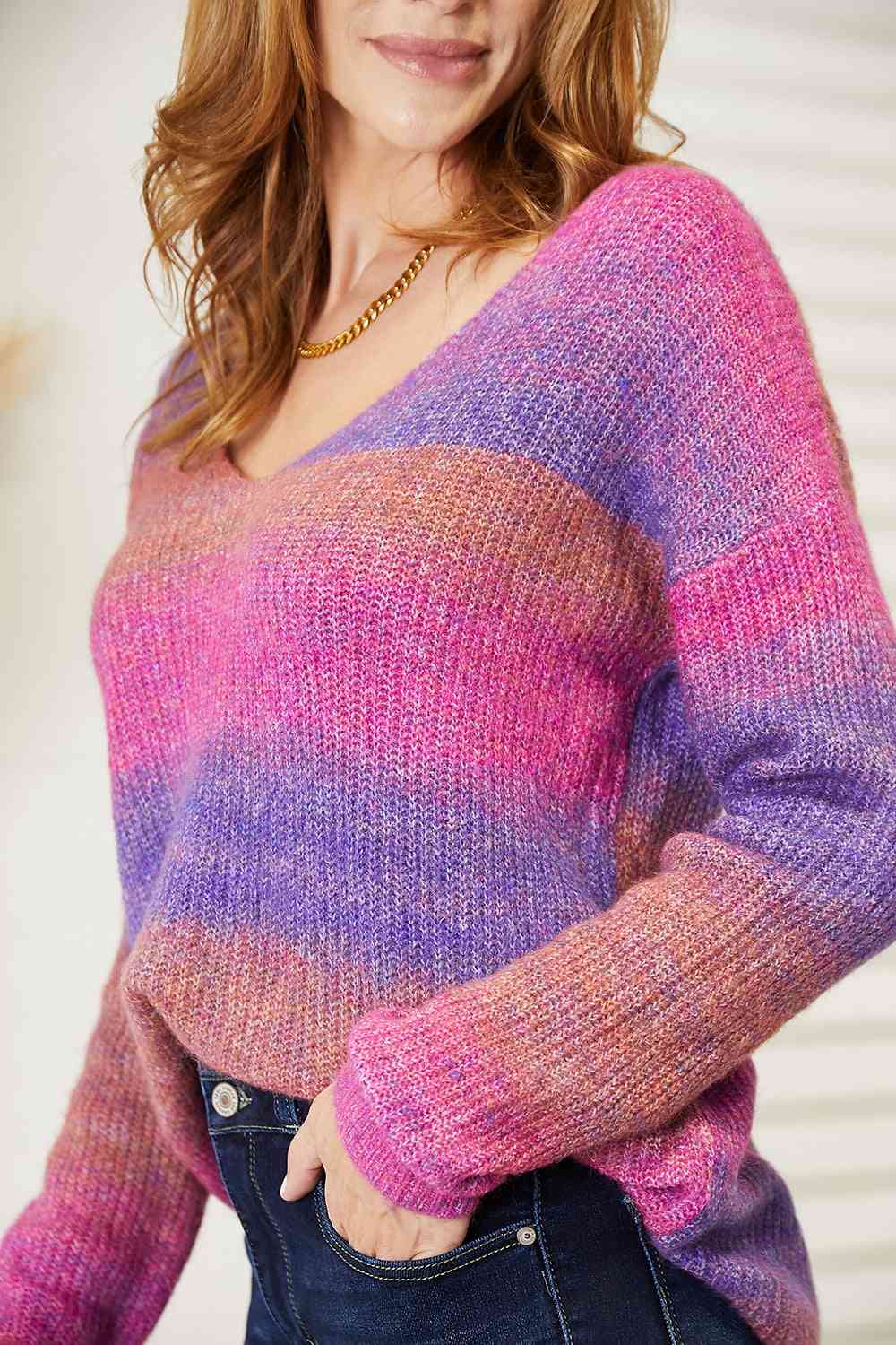 Double Take Multicolor Rib Knit V Neck Knit Pullover