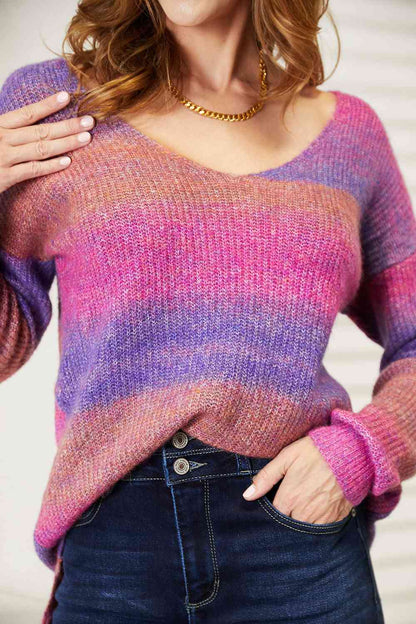 Double Take Multicolor Rib Knit V Neck Knit Pullover