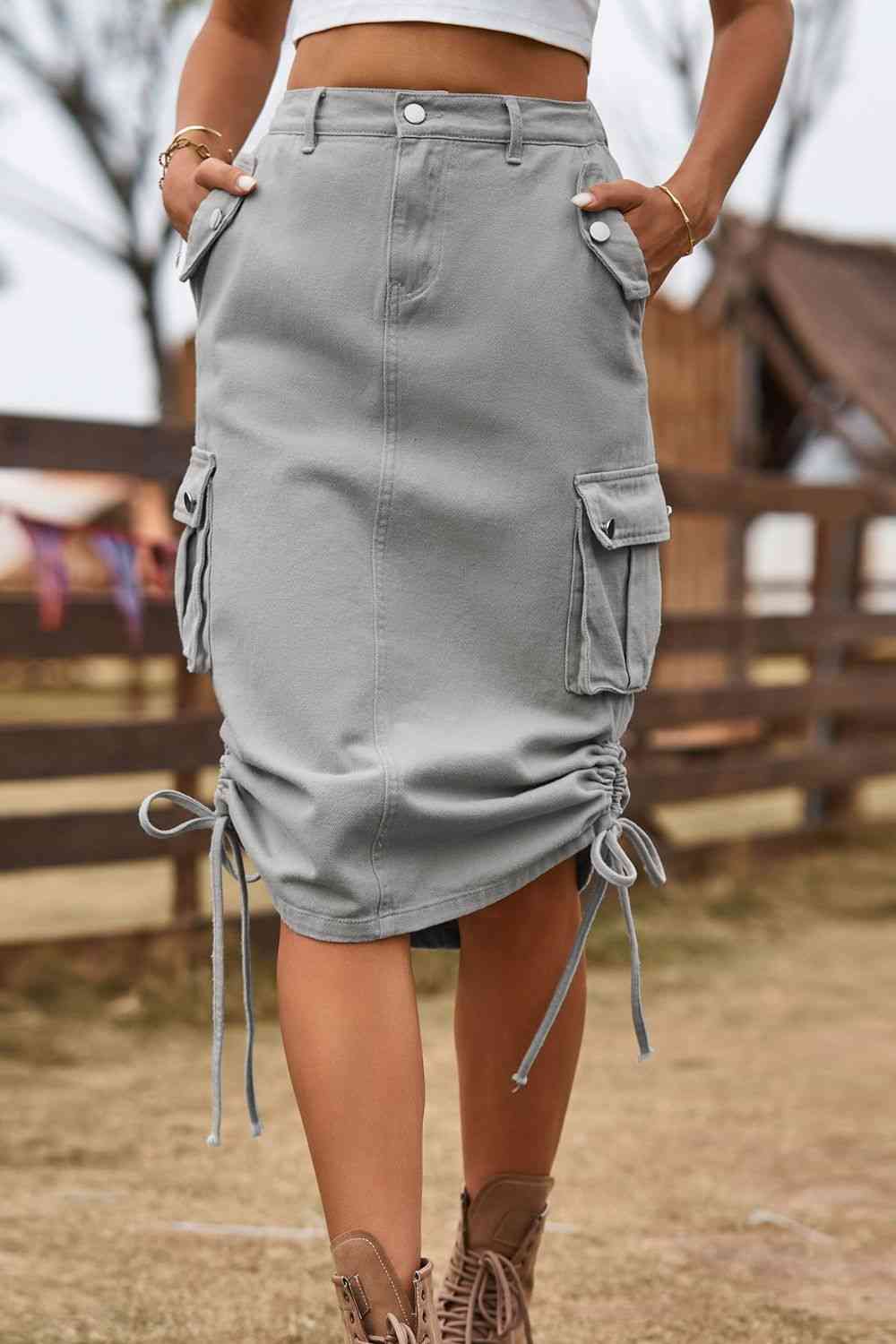 Drawstring Denim Cargo Skirt