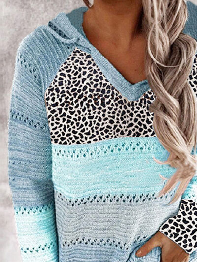 Openwork Leopard Drawstring Hooded Sweater