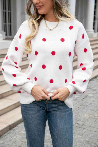 Woven Right Polka Dot Round Neck Dropped Shoulder Sweater