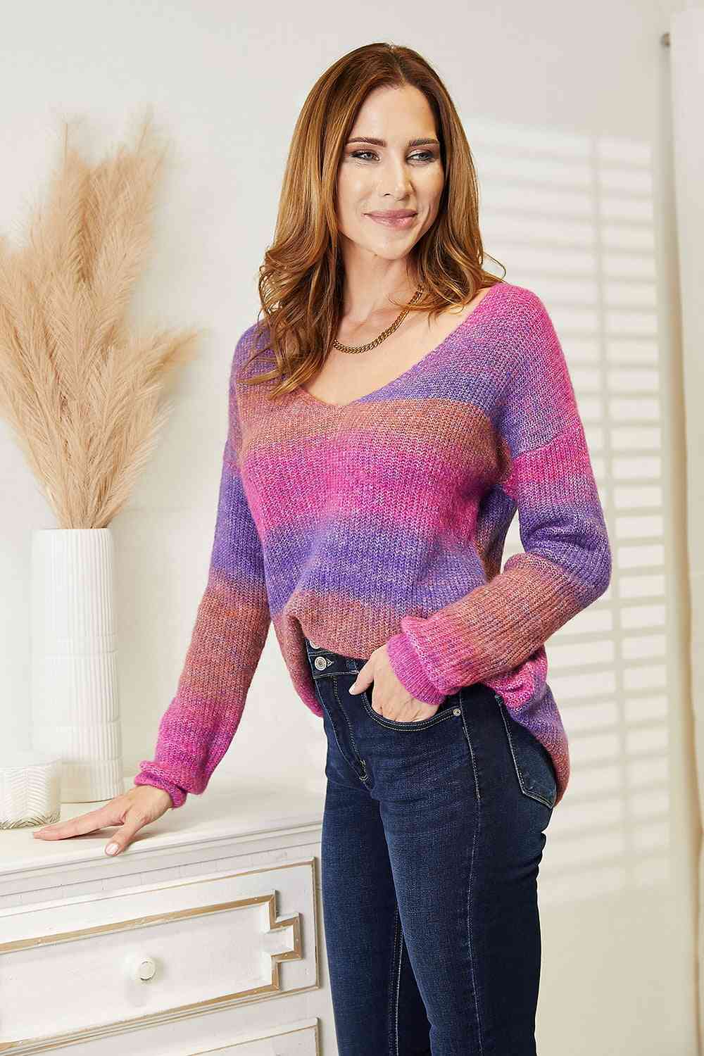 Double Take Multicolor Rib Knit V Neck Knit Pullover