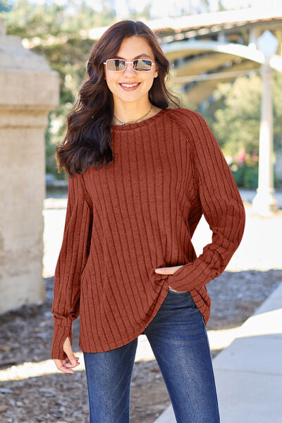 Basic Bae Ribbed Round Neck Long Sleeve Knit Top