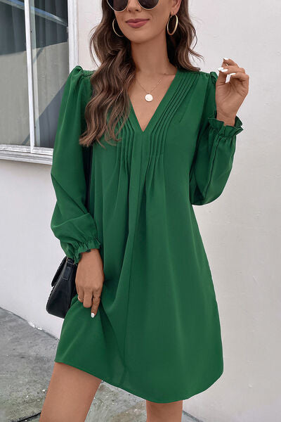 Ruched V Neck Flounce Sleeve Casual Dress