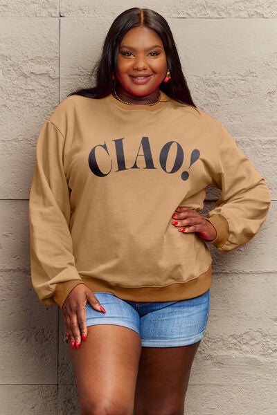 Simply Love Full Size CIAO Round Neck Sweatshirt