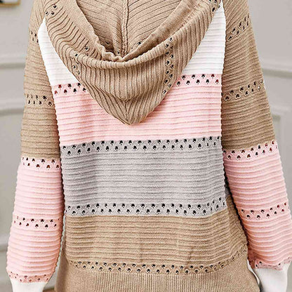 Color Block Drawstring Hooded Multicolor Sweater