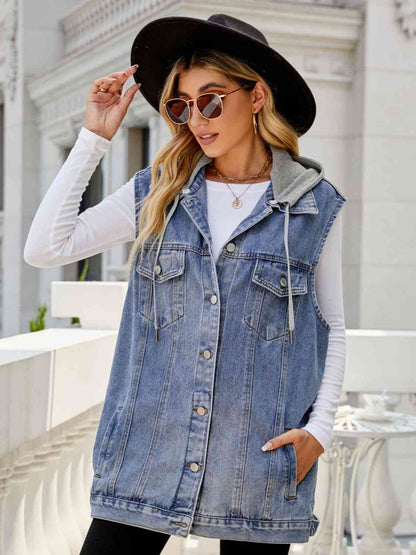 Drawstring Hooded Sleeveless Denim Top with Pockets