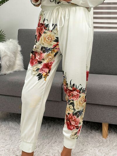 Printed Top and Drawstring Pants Lounge Set