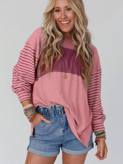 Round Neck Striped Long Sleeve Slit T Shirt