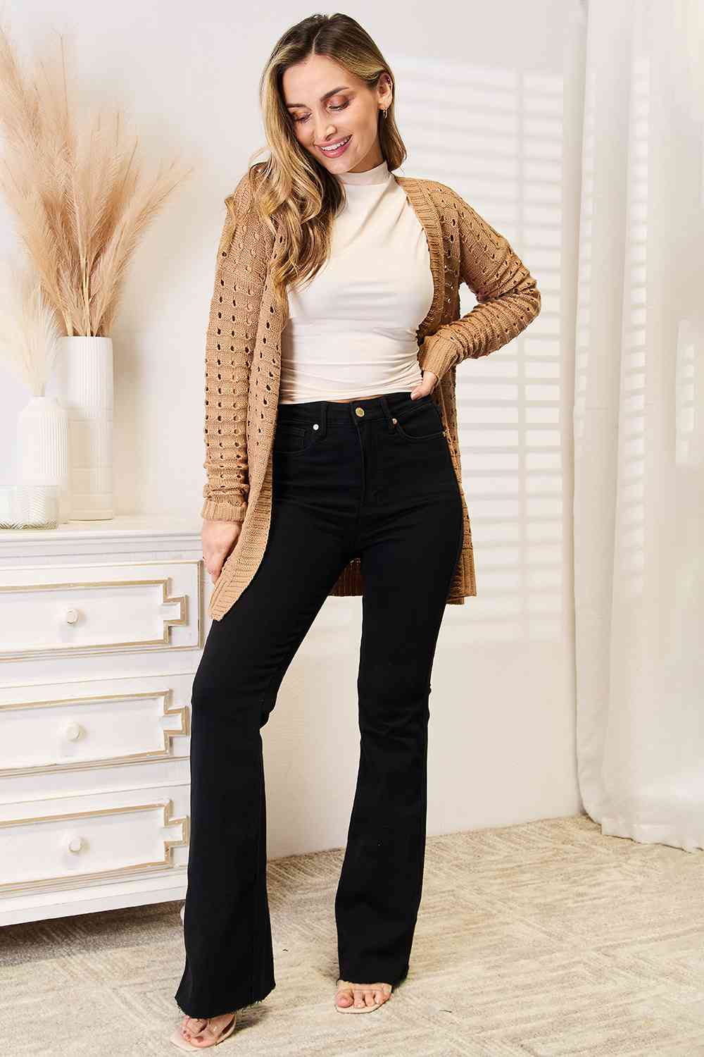 Woven Right Horizontal Ribbing Open Front Cardigan