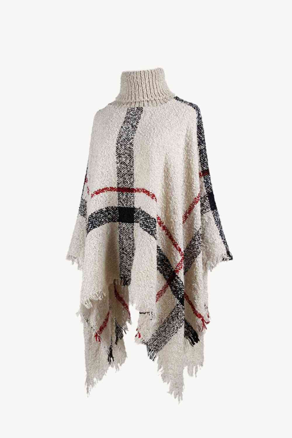 Plaid Turtleneck Raw Hem Poncho