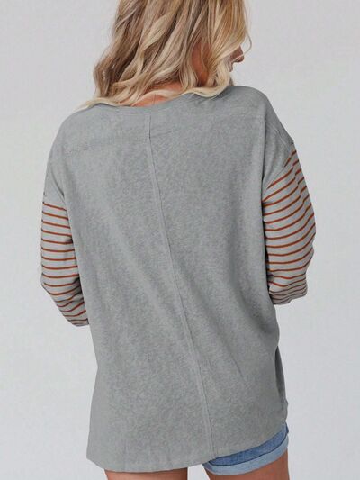 Round Neck Striped Long Sleeve Slit T Shirt