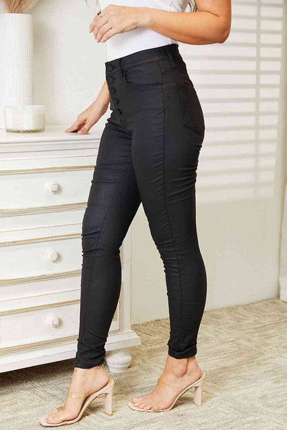 Kancan High Rise Black Coated Ankle Skinny Jeans