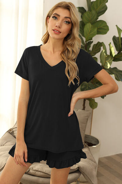 V Neck Short Sleeve Top and Shorts Lounge Set