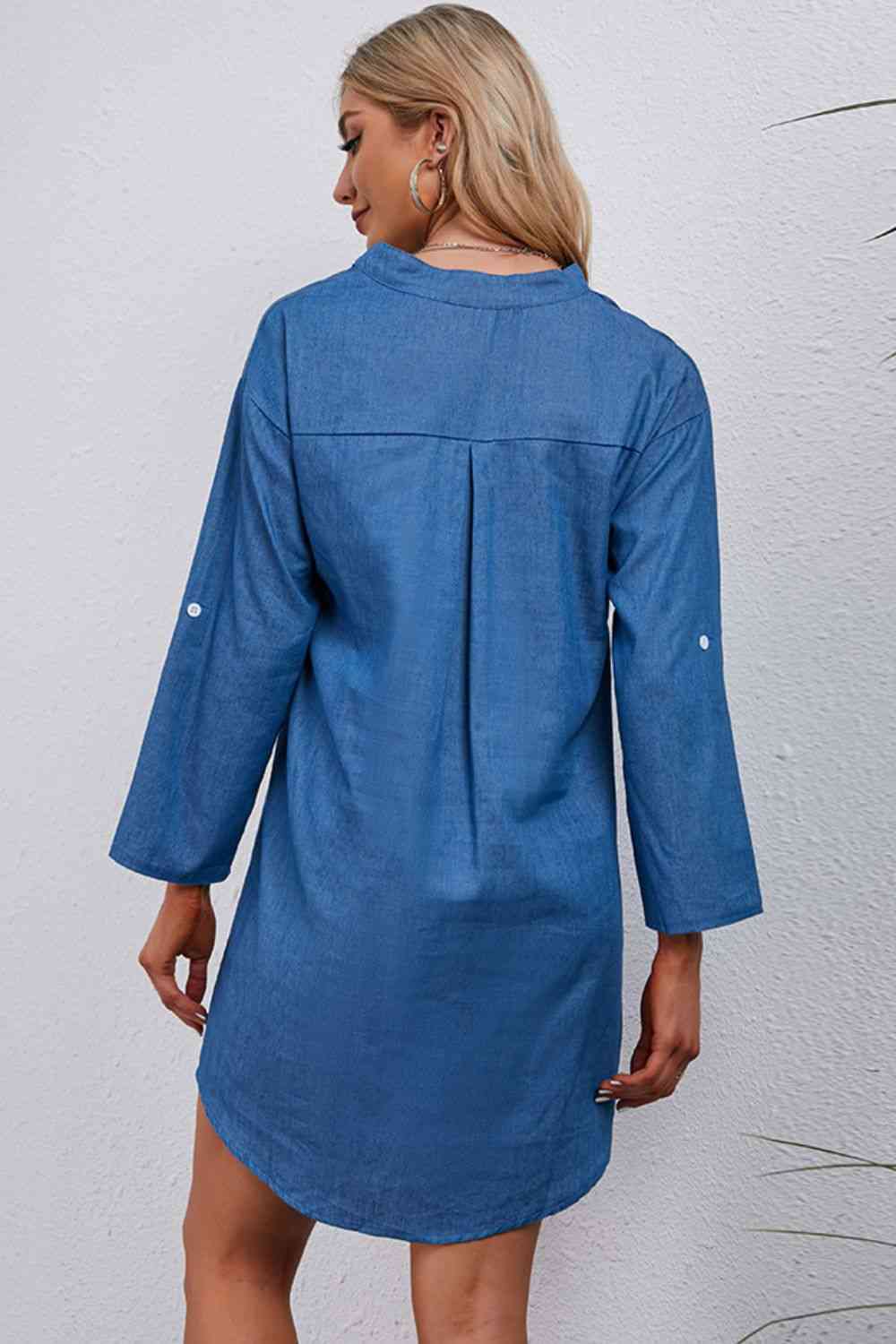 Half-Button Notched Neck High-Low Denim Dress