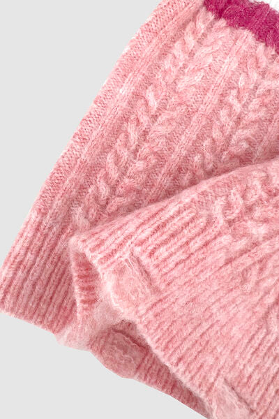 Cable-Knit Striped Dropped Shoulder Pink Sweater