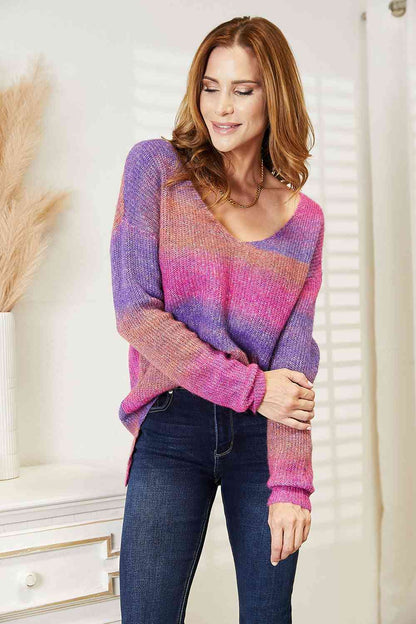 Double Take Multicolor Rib Knit V Neck Knit Pullover