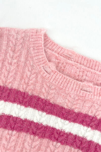 Cable-Knit Striped Dropped Shoulder Pink Sweater