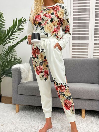 Printed Top and Drawstring Pants Lounge Set