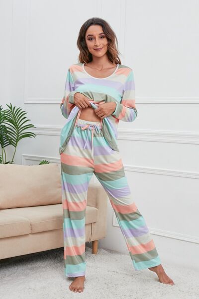 Striped Round Neck Long Sleeve Top and Pants Lounge Set