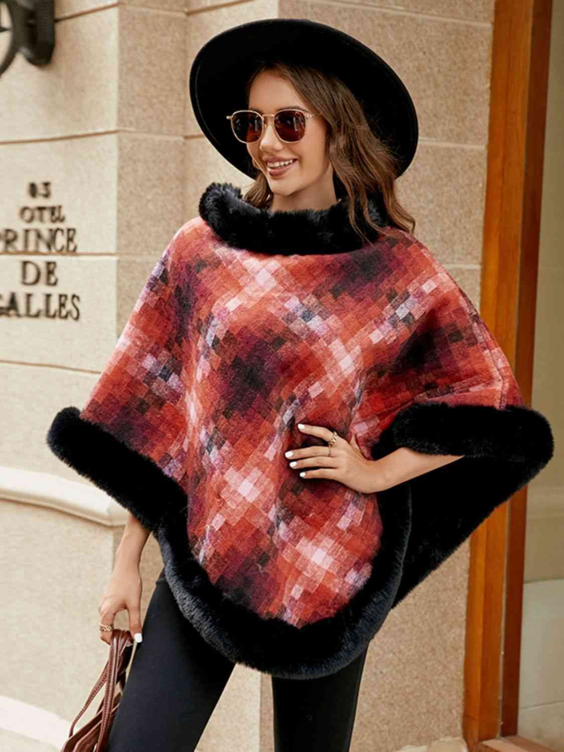 Faux Fur Trim Soft Poncho