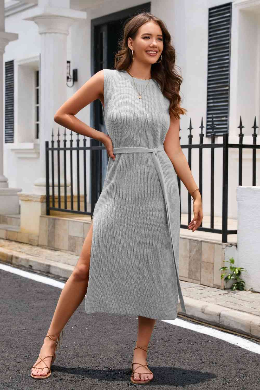 Round Neck Tie Belt Slit Sleeveless Sweater Dress