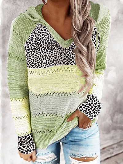 Openwork Leopard Drawstring Hooded Sweater