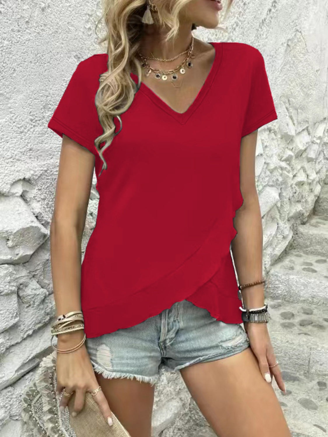 V Neck Short Sleeve Blouse