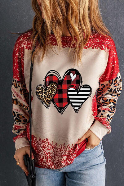 Heart Leopard Round Neck Sweatshirt