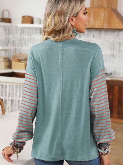 Round Neck Striped Long Sleeve Slit T Shirt