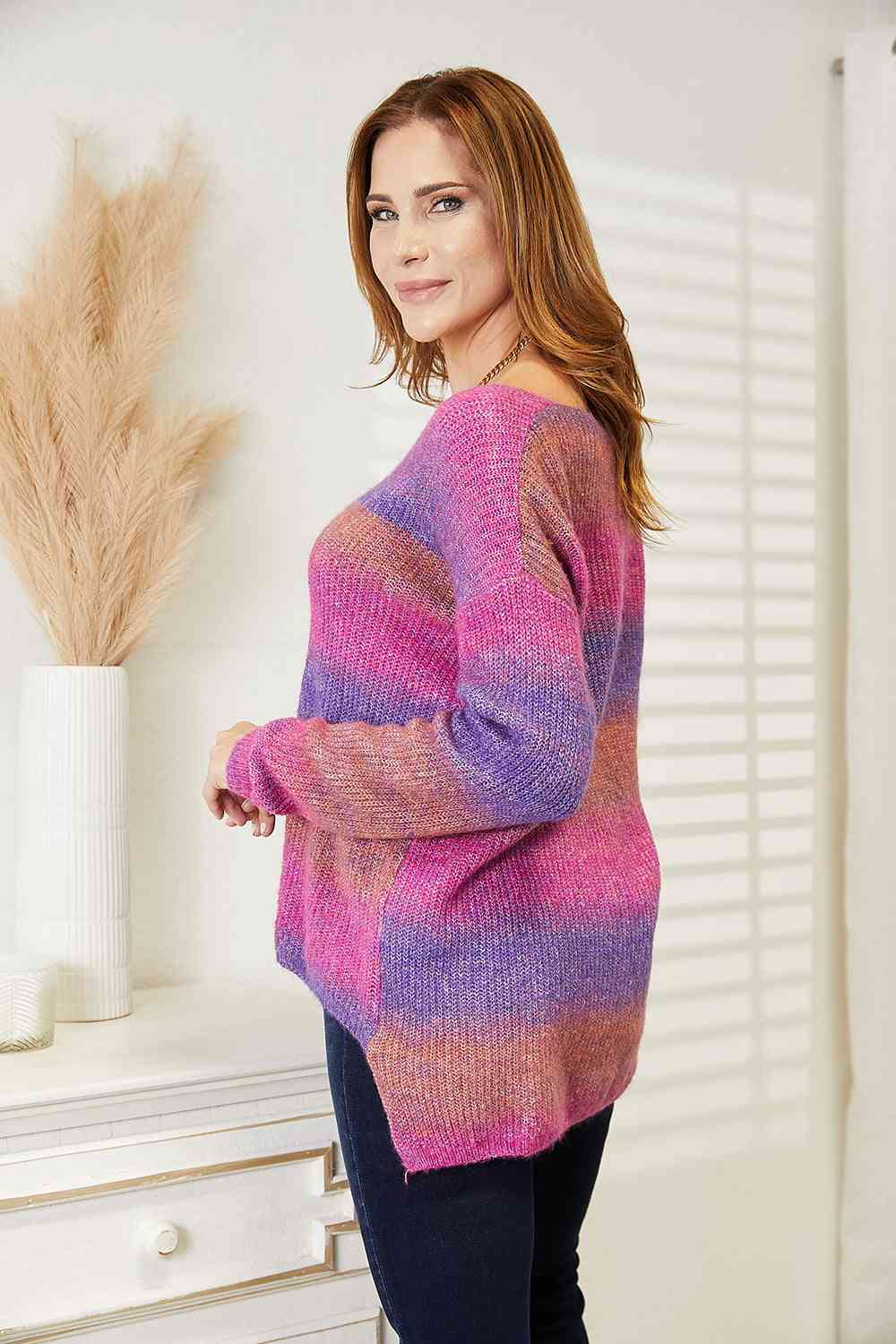 Double Take Multicolor Rib Knit V Neck Knit Pullover